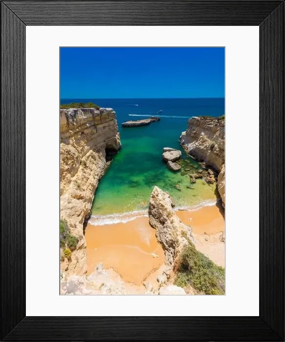 Framed Print : Aerial drone view of the Albandeira Beach (Praia da Albandeira) in Lagoa, Algarve, Portugal