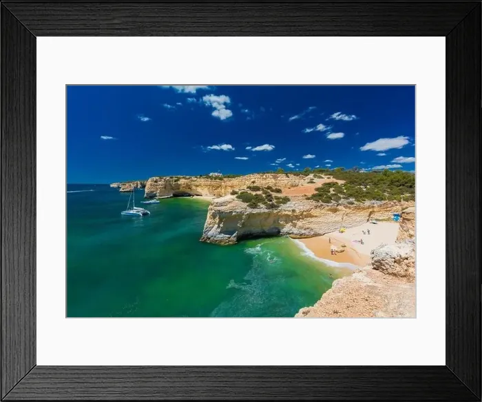 Framed Print : Aerial drone view of the Albandeira Beach (Praia da Albandeira) in Lagoa, Algarve, Portugal