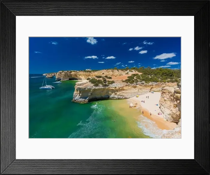 Framed Print : Aerial drone view of the Albandeira Beach (Praia da Albandeira) in Lagoa, Algarve, Portugal