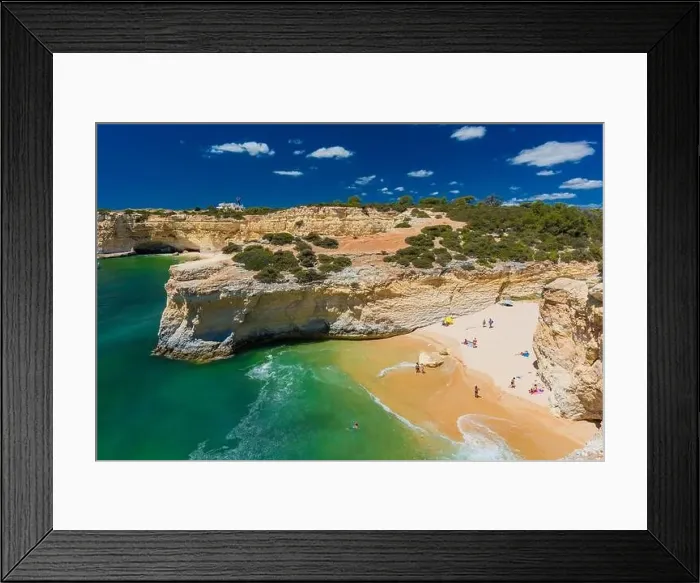 Framed Print : Aerial drone view of the Albandeira Beach (Praia da Albandeira) in Lagoa, Algarve, Portugal