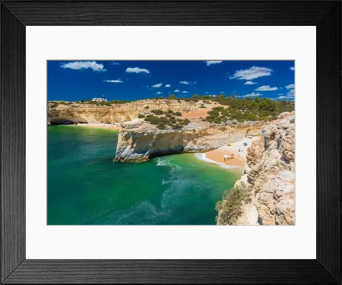 Framed Print : Aerial drone views of Praia da Marinha and Malhada do Baraco - beaches in Algarve, Portugal