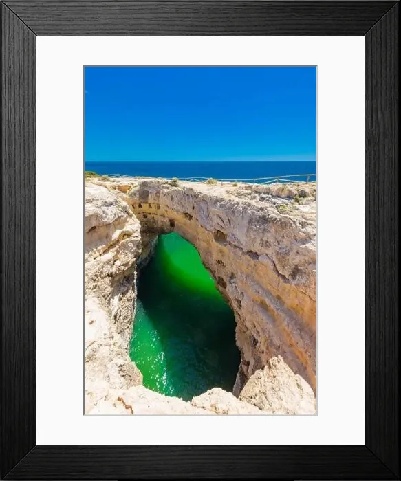 Framed Print : Aerial drone view of the Albandeira Beach (Praia da Albandeira) in Lagoa, Algarve, Portugal