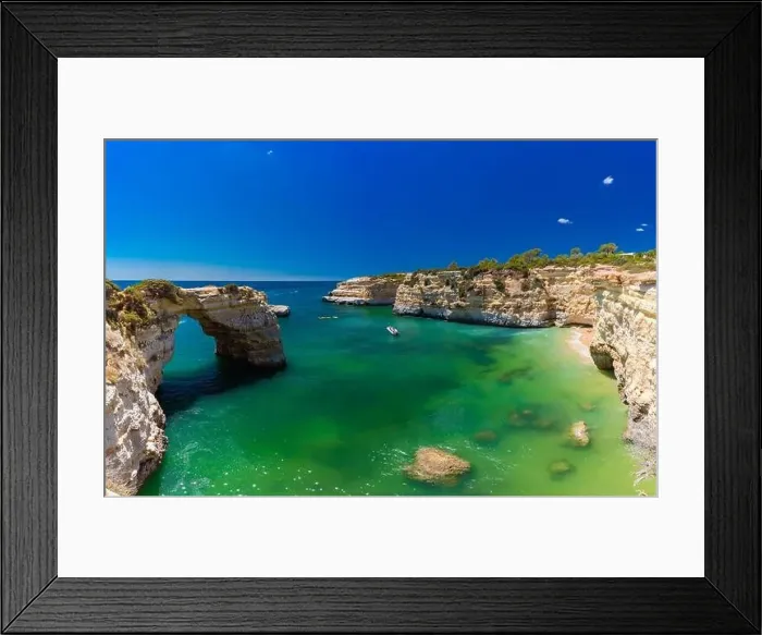 Framed Print : Aerial drone view of the Albandeira Beach (Praia da Albandeira) in Lagoa, Algarve, Portugal