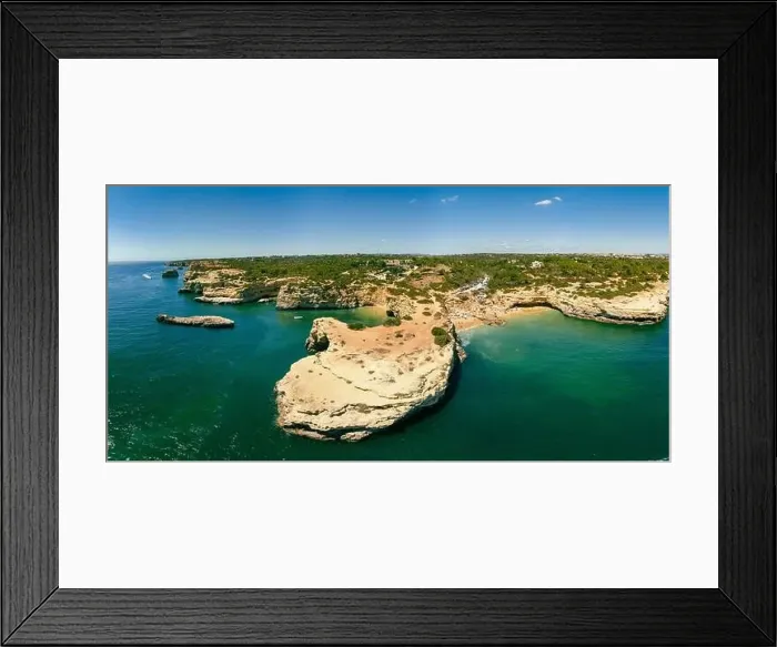 Framed Print : Aerial drone view of the Albandeira Beach (Praia da Albandeira) in Lagoa, Algarve, Portugal