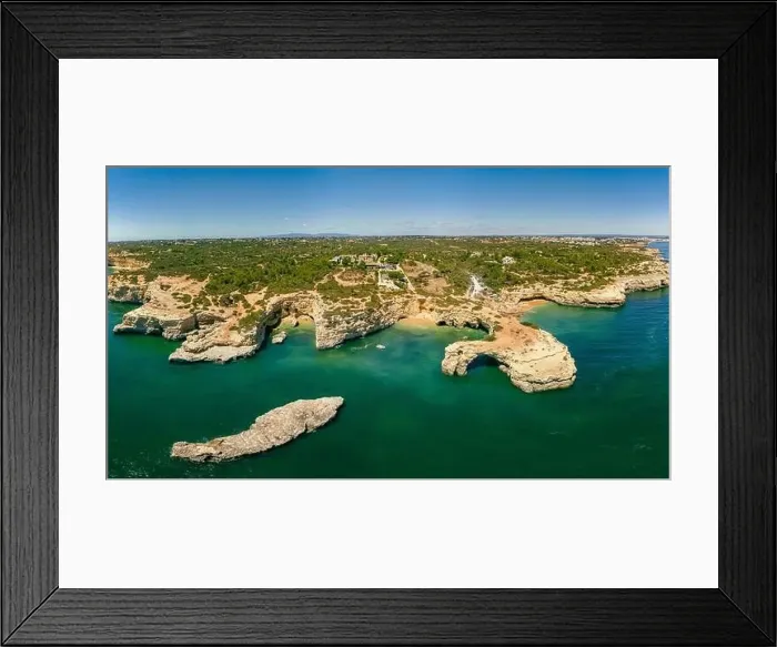 Framed Print : Aerial drone view of the Albandeira Beach (Praia da Albandeira) in Lagoa, Algarve, Portugal