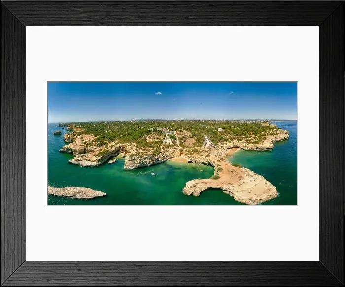 Framed Print : Aerial drone view of the Albandeira Beach (Praia da Albandeira) in Lagoa, Algarve, Portugal