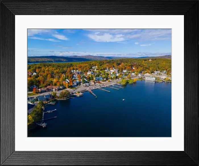 Framed Print : Meredith town center with fall foliage aerial view in fall with Meredith Bay in Lake Winnipesaukee Framed Print : Meredith town center with fall foliage aerial view in fall with Meredith Bay in Lake Winnipesaukee