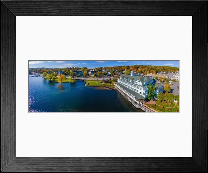 Framed Print : Bay point at Mill Falls with fall foliage panoramic aerial view with Meredith Bay in Lake Winnipesaukee in town of Framed Print : Bay point at Mill Falls with fall foliage panoramic aerial view with Meredith Bay in Lake Winnipesaukee in town of
