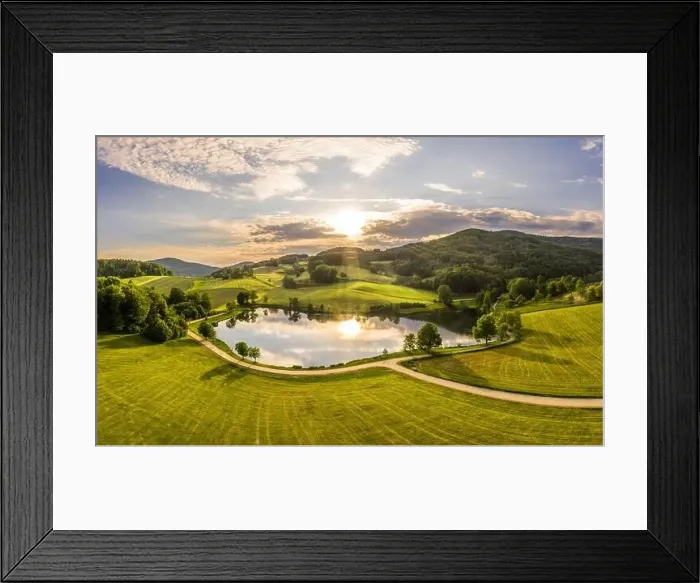 Framed Print : Image of aerial photography with drone of landscape in Bavarian forest of Ebenreuther lake during sunset, Germany Framed Print : Image of aerial photography with drone of landscape in Bavarian forest of Ebenreuther lake during sunset, Germany