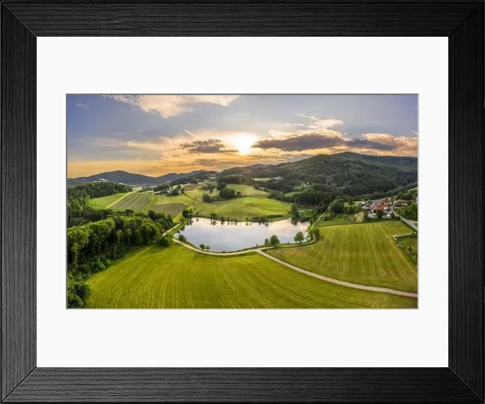 Framed Print : Image of aerial photography with drone of landscape in Bavarian forest of Ebenreuther lake during sunset, Germany Framed Print : Image of aerial photography with drone of landscape in Bavarian forest of Ebenreuther lake during sunset, Germany