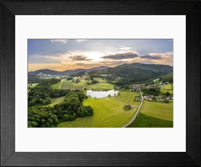 Framed Print : Image of aerial photography with drone of landscape in Bavarian forest of Ebenreuther lake during sunset, Germany Framed Print : Image of aerial photography with drone of landscape in Bavarian forest of Ebenreuther lake during sunset, Germany