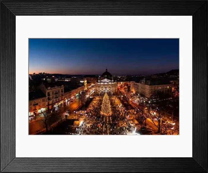 Framed Print : Lviv, Ukraine - December 19, 2020: Christmas tree near Opera House in Lviv, Ukraine. View from drone Framed Print : Lviv, Ukraine - December 19, 2020: Christmas tree near Opera House in Lviv, Ukraine. View from drone