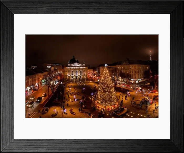 Framed Print : Lviv, Ukraine - December 19, 2020: Christmas tree near Opera House in Lviv, Ukraine. View from drone Framed Print : Lviv, Ukraine - December 19, 2020: Christmas tree near Opera House in Lviv, Ukraine. View from drone
