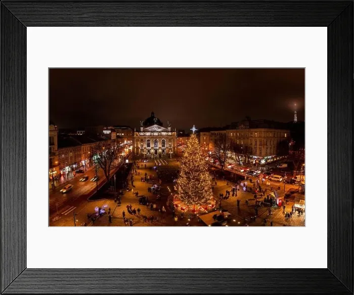 Framed Print : Lviv, Ukraine - December 19, 2020: Christmas tree near Opera House in Lviv, Ukraine. View from drone Framed Print : Lviv, Ukraine - December 19, 2020: Christmas tree near Opera House in Lviv, Ukraine. View from drone