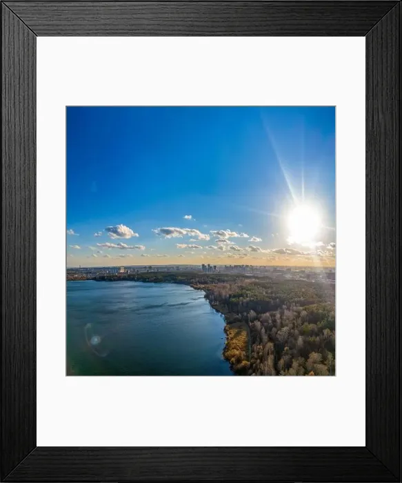 Framed Print : Autumn forest on lake shore at sunset and city on horizon, auerial view. Lake Shartash and Yekaterinburg, Russia Framed Print : Autumn forest on lake shore at sunset and city on horizon, auerial view. Lake Shartash and Yekaterinburg, Russia