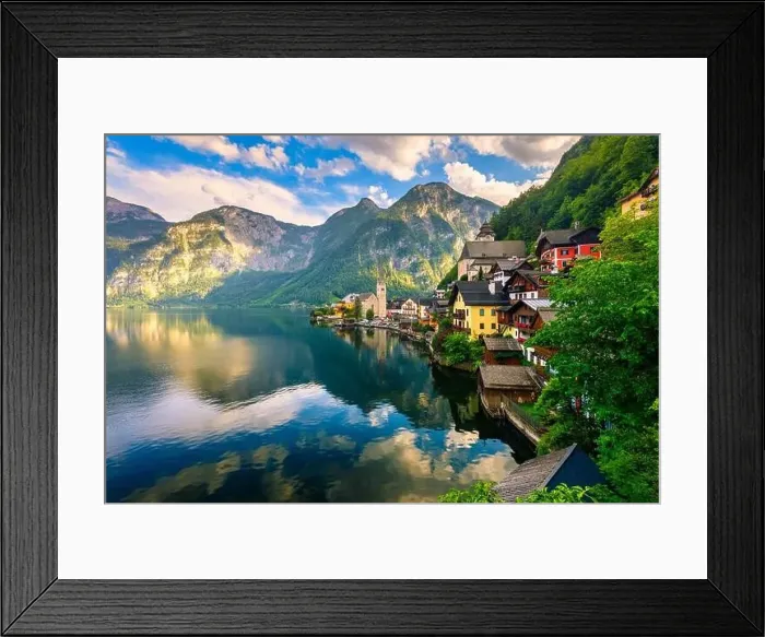 Framed Print : View of famous Hallstatt mountain village in the Austrian Alps at beautiful light in summer Framed Print : View of famous Hallstatt mountain village in the Austrian Alps at beautiful light in summer