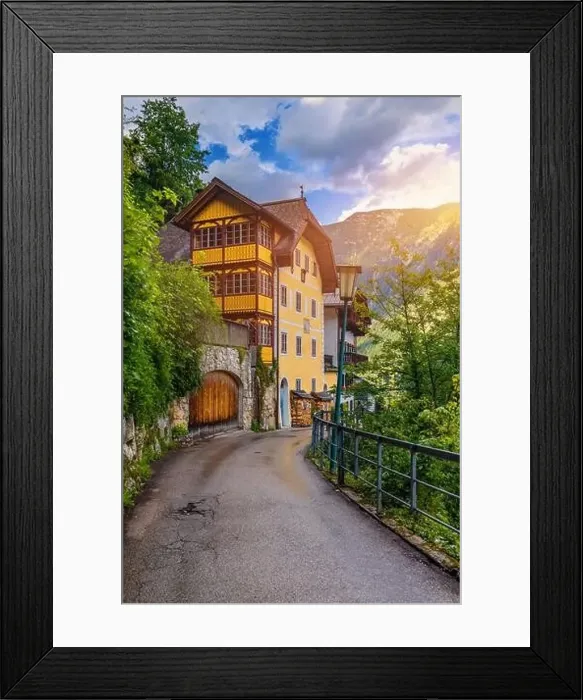 Framed Print : Scenic picture-postcard view of famous Hallstatt mountain village in the Austrian Alps Framed Print : Scenic picture-postcard view of famous Hallstatt mountain village in the Austrian Alps