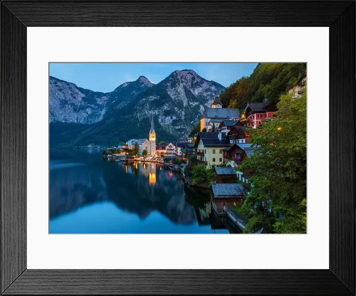 Framed Print : Scenic picture-postcard view of famous Hallstatt mountain village in the Austrian Alps Framed Print : Scenic picture-postcard view of famous Hallstatt mountain village in the Austrian Alps