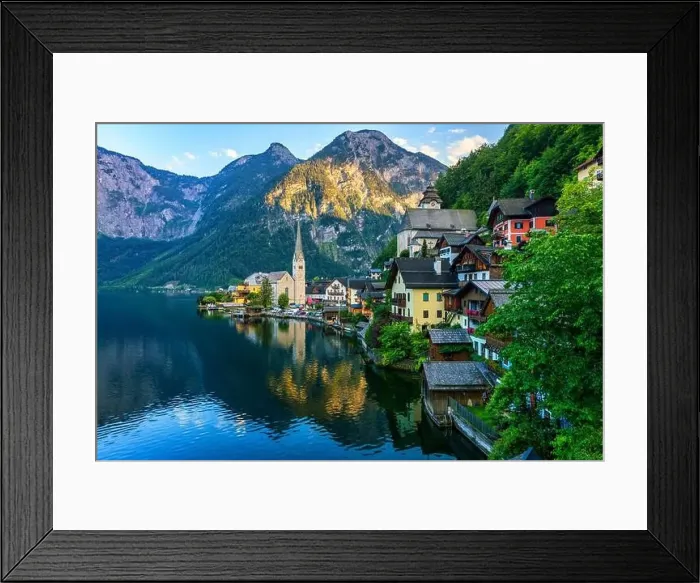 Framed Print : Scenic picture-postcard view of famous Hallstatt mountain village in the Austrian Alps Framed Print : Scenic picture-postcard view of famous Hallstatt mountain village in the Austrian Alps