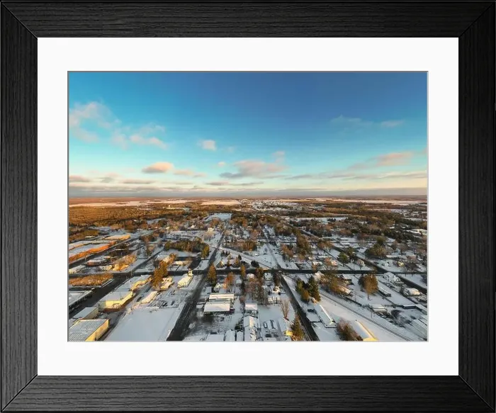 Framed Print : Aerial Town View at Sunset Winter - drone Framed Print : Aerial Town View at Sunset Winter - drone