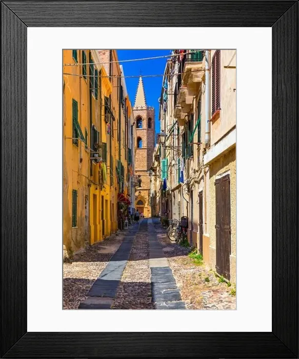 Framed Print : Alghero old town, Alghero street view on a beautiful day Framed Print : Alghero old town, Alghero street view on a beautiful day