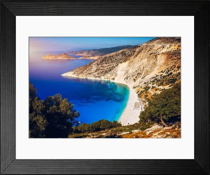 Framed Print : Aerial drone view of iconic turquoise and sapphire bay and beach of Myrtos Framed Print : Aerial drone view of iconic turquoise and sapphire bay and beach of Myrtos