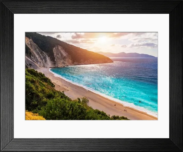 Framed Print : Aerial drone view of iconic turquoise and sapphire bay and beach of Myrtos Framed Print : Aerial drone view of iconic turquoise and sapphire bay and beach of Myrtos