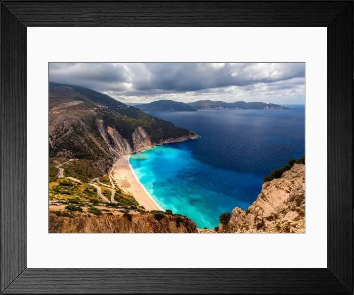 Framed Print : Famous Myrtos beach from overlook Framed Print : Famous Myrtos beach from overlook