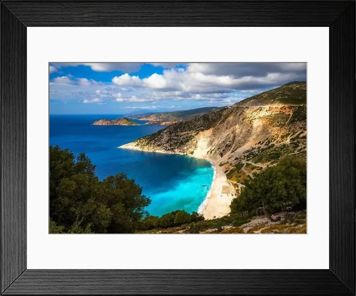 Framed Print : Aerial drone view of iconic turquoise and sapphire bay and beach of Myrtos Framed Print : Aerial drone view of iconic turquoise and sapphire bay and beach of Myrtos