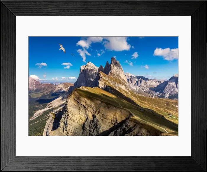 Framed Print : View on Seceda with birds flying over the peaks Framed Print : View on Seceda with birds flying over the peaks