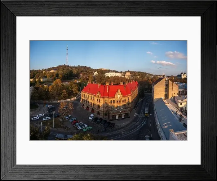 Framed Print : Lviv, Ukarine - October 26, 2021: Aerial view on Lviv fire station from drone Framed Print : Lviv, Ukarine - October 26, 2021: Aerial view on Lviv fire station from drone