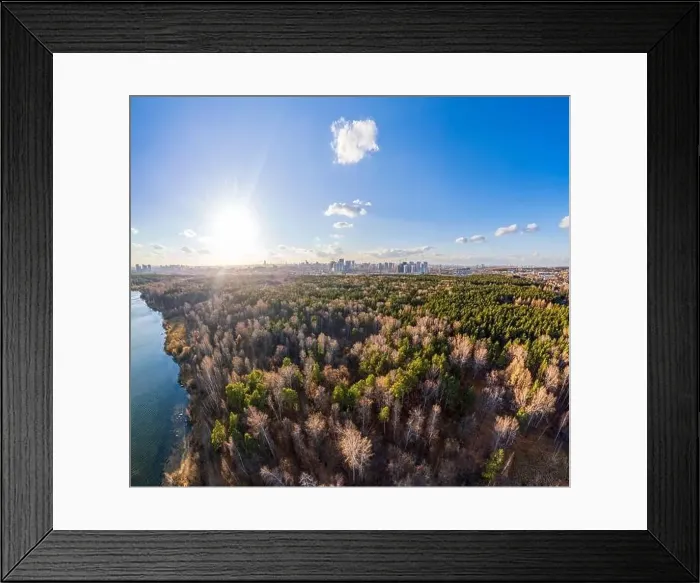 Framed Print : Autumn forest on lake shore at sunset and city on horizon, auerial view. Lake Shartash and Yekaterinburg, Russia Framed Print : Autumn forest on lake shore at sunset and city on horizon, auerial view. Lake Shartash and Yekaterinburg, Russia