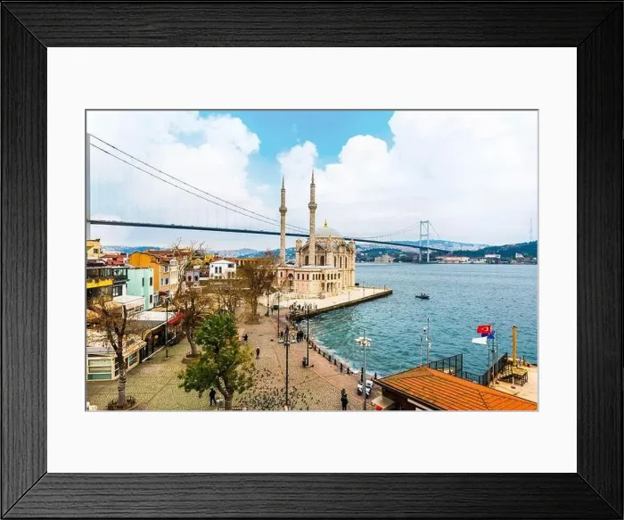 Framed Print : ORTAKOY, ISTANBUL, TURKEY. Ortakoy Mosque and Bosphorus Bridge (15th July Martyrs Bridge). Aerial view of Istanbul