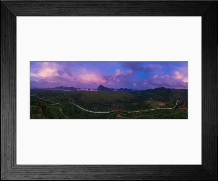 Framed Print : Aerial view of scenic tropical bay during beautiful sunset