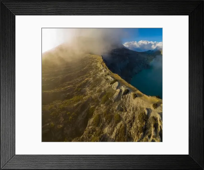 Framed Print : Aerial view of beautiful Ijen volcano with acid lake and sulfur gas going from crater Framed Print : Aerial view of beautiful Ijen volcano with acid lake and sulfur gas going from crater
