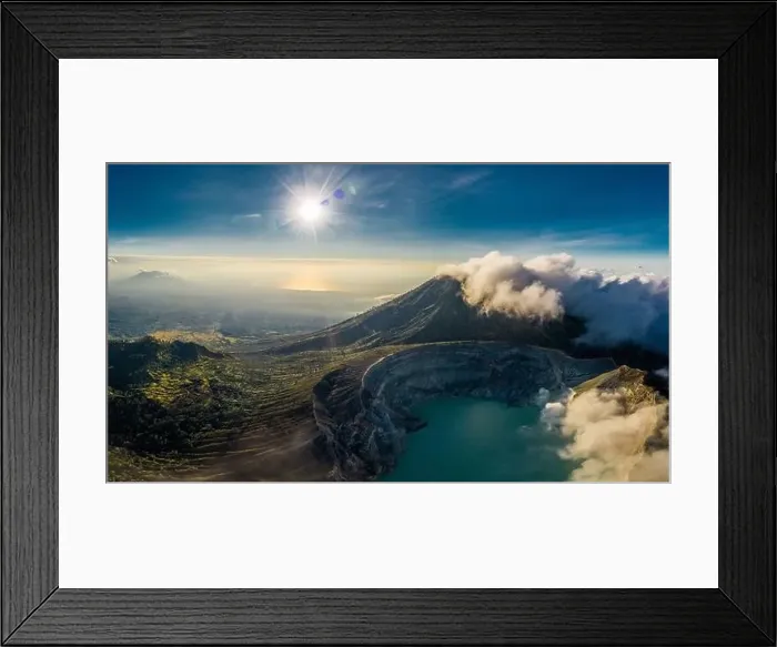 Framed Print : Aerial view of beautiful Ijen volcano with acid lake and sulfur gas going from crater Framed Print : Aerial view of beautiful Ijen volcano with acid lake and sulfur gas going from crater