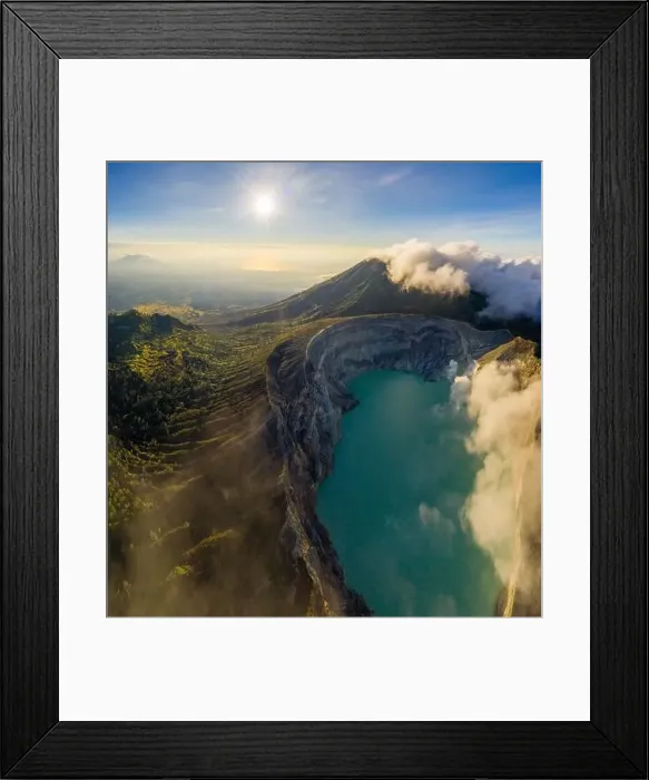 Framed Print : Aerial view of beautiful Ijen volcano with acid lake and sulfur gas going from crater Framed Print : Aerial view of beautiful Ijen volcano with acid lake and sulfur gas going from crater