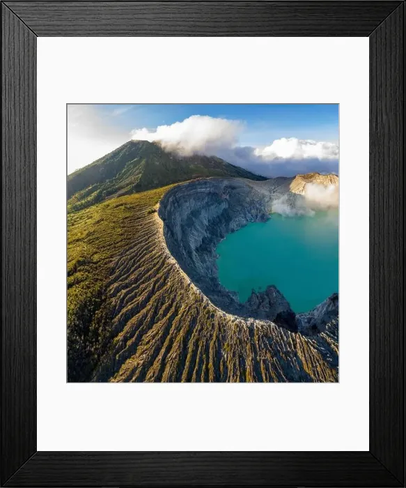 Framed Print : Aerial view of beautiful Ijen volcano with acid lake and sulfur gas going from crater Framed Print : Aerial view of beautiful Ijen volcano with acid lake and sulfur gas going from crater