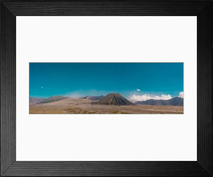 Framed Print : Cinematic shot aerial panorama of beautiful Mount Bromo volcano with desert in East Java