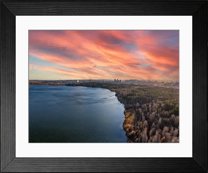 Framed Print : Autumn forest on lake shore at sunset and city on horizon, auerial view. Lake Shartash and Yekaterinburg, Russia Framed Print : Autumn forest on lake shore at sunset and city on horizon, auerial view. Lake Shartash and Yekaterinburg, Russia