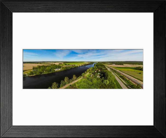 Framed Print : Aerial panoramic view of river Kymijoki bank with beautiful wooden Rabbelugn Manor - Takamaan Kartano