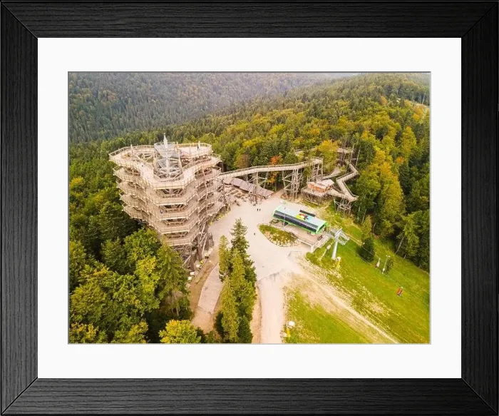 Framed Print : Wooden Loookout Tower in Slotwiny Arena, Krynica, Poland. Aerial Drone View Framed Print : Wooden Loookout Tower in Slotwiny Arena, Krynica, Poland. Aerial Drone View