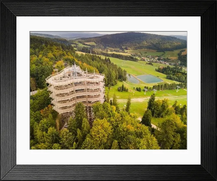 Framed Print : Wooden Loookout Tower in Slotwiny Arena, Krynica, Poland. Aerial Drone View Framed Print : Wooden Loookout Tower in Slotwiny Arena, Krynica, Poland. Aerial Drone View