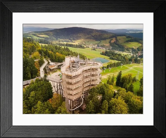 Framed Print : Wooden Loookout Tower in Slotwiny Arena, Krynica, Poland. Aerial Drone View Framed Print : Wooden Loookout Tower in Slotwiny Arena, Krynica, Poland. Aerial Drone View