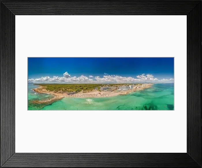 Framed Print : Wide panoramic aerial drone photo taken on the beautiful island of Majorca Mallorca in Spain showing the beach Framed Print : Wide panoramic aerial drone photo taken on the beautiful island of Majorca Mallorca in Spain showing the beach