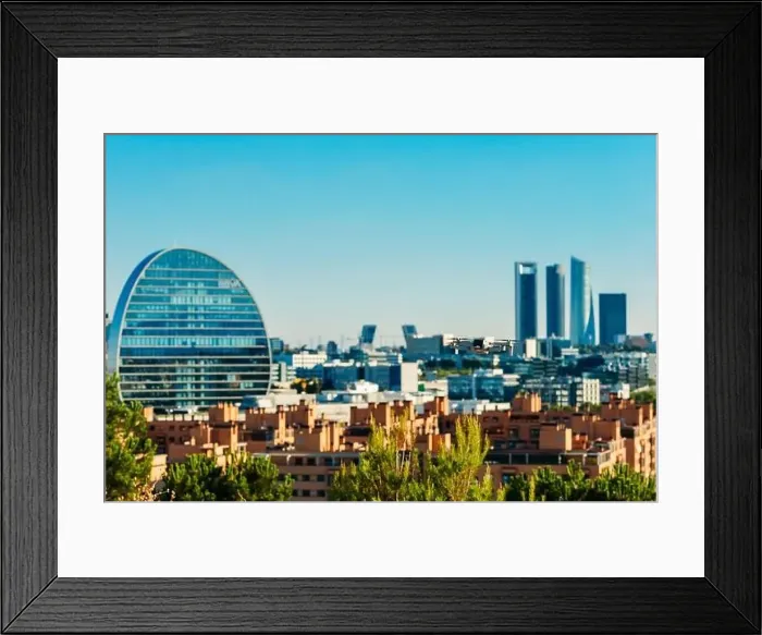 Framed Print : Drone with Madrid Cuatro Torres skyline in the background Framed Print : Drone with Madrid Cuatro Torres skyline in the background