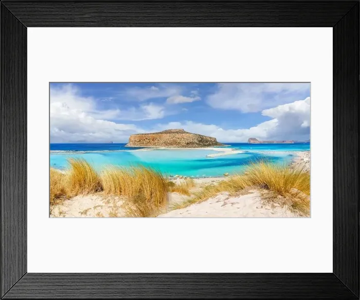 Framed Print : Landscape with Balos Lagoon beach and Gramvousa island on Crete, Greece Framed Print : Landscape with Balos Lagoon beach and Gramvousa island on Crete, Greece