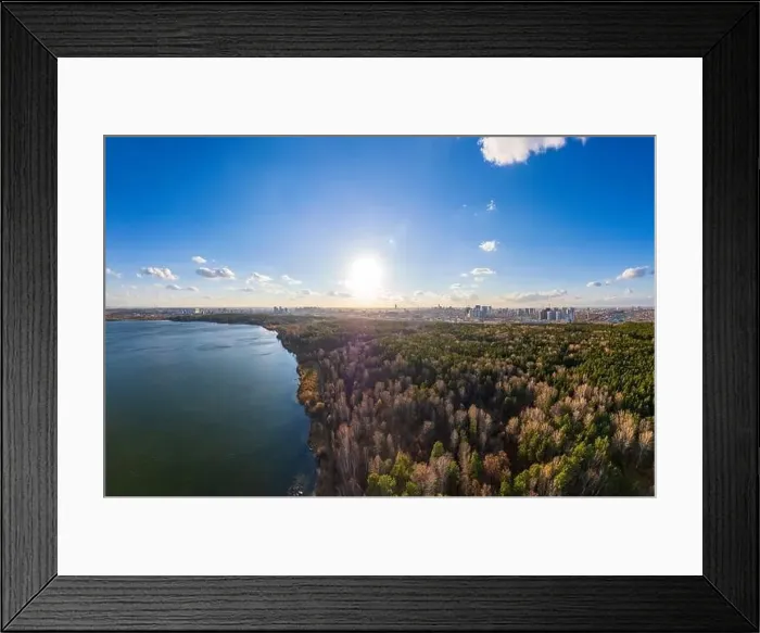 Framed Print : Autumn forest on lake shore at sunset and city on horizon, auerial view. Lake Shartash and Yekaterinburg, Russia Framed Print : Autumn forest on lake shore at sunset and city on horizon, auerial view. Lake Shartash and Yekaterinburg, Russia