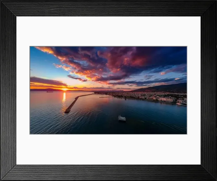 Framed Print : Aerial seaside view over Kalamata city in Messinia, Greece at sunset Framed Print : Aerial seaside view over Kalamata city in Messinia, Greece at sunset