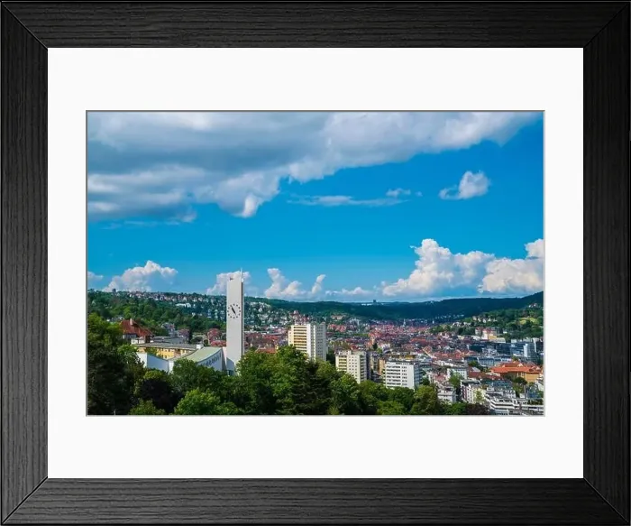 Framed Print : Germany, Aerial panorama view above stuttgart city houses and church, the skyline of the big city Framed Print : Germany, Aerial panorama view above stuttgart city houses and church, the skyline of the big city
